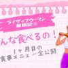ライザップウーマン奮闘記②「こんなに食べるの！？1ヶ月目の食事メニュー全公開」という文字と、食事をする女性のイラスト（ピンクのノート風背景）