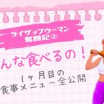 ライザップウーマン奮闘記②「こんなに食べるの！？1ヶ月目の食事メニュー全公開」という文字と、食事をする女性のイラスト（ピンクのノート風背景）